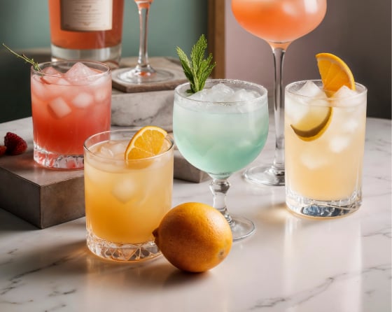 Verschiedene Cocktails in stilvollen Gläsern, ideal für die Cocktailmaschine von The Cocktailmaker. Cocktailmaschine kaufen oder mieten.