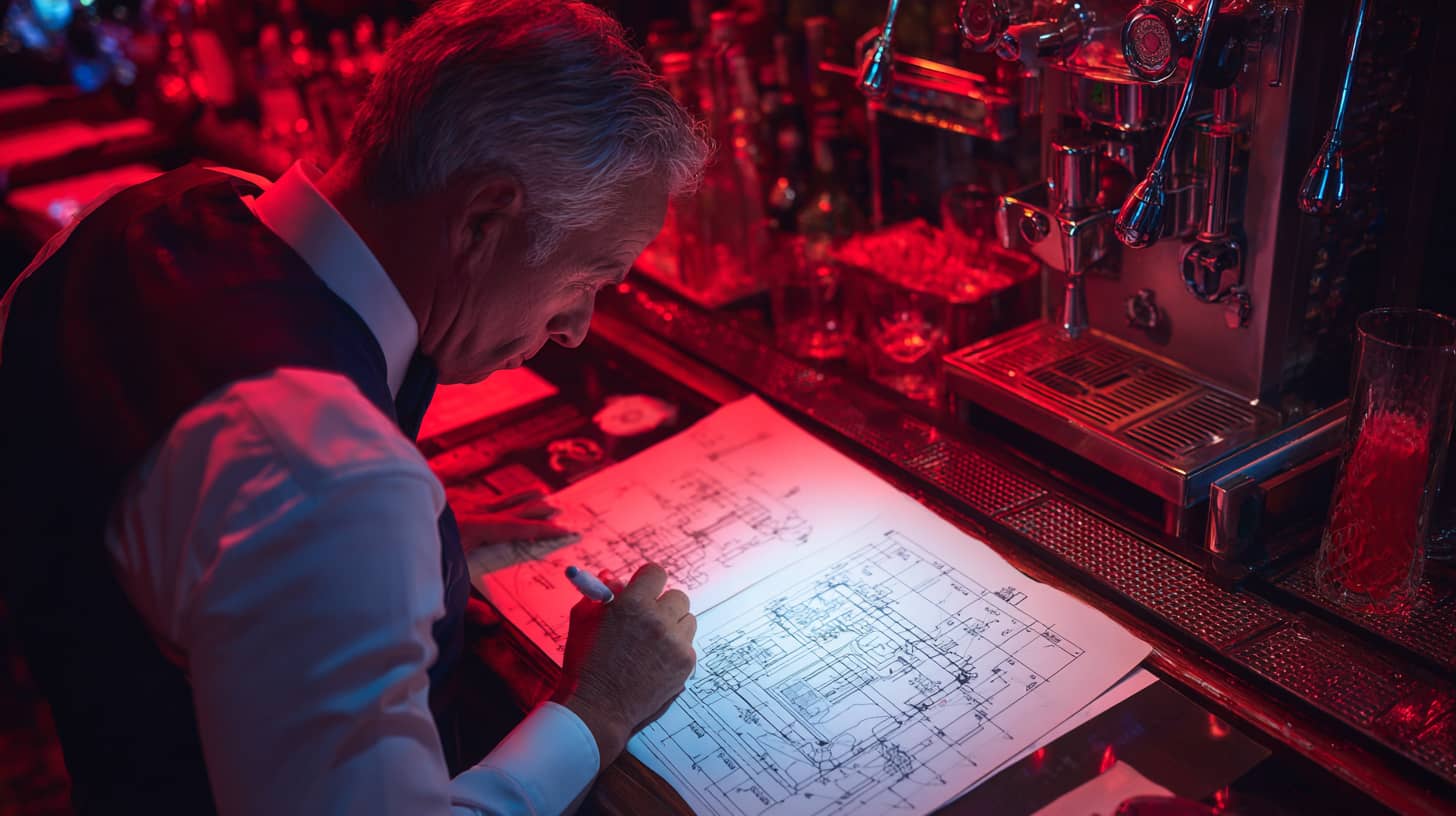 Mann skizziert Pläne für die Cocktailmaschine von The Cocktailmaker in einer Bar, perfekt für automatische Cocktailmischmaschinen.