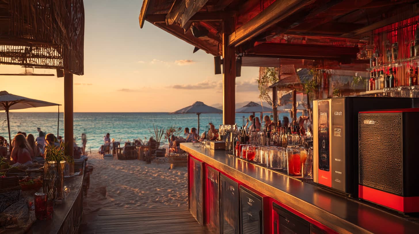 Vollautomatische Cocktailmaschine von The Cocktailmaker am Strand, ideal für Gastro, Cocktailautomaten und Mieten oder Kaufen.