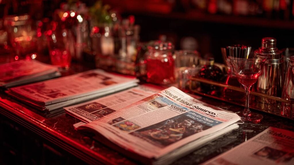 Stylische Bar mit Zeitungen und Cocktails, ideal für die Nutzung einer automatischen Cocktailmaschine von The Cocktailmaker.