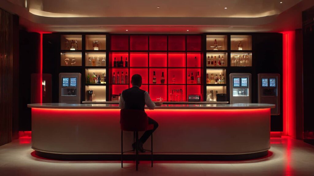 The Cocktailmaker'ın ışıklı kokteyl makinelerine sahip modern barı, tam otomatik kokteyl makineleri ve kokteyl karıştırıcıları için idealdir.