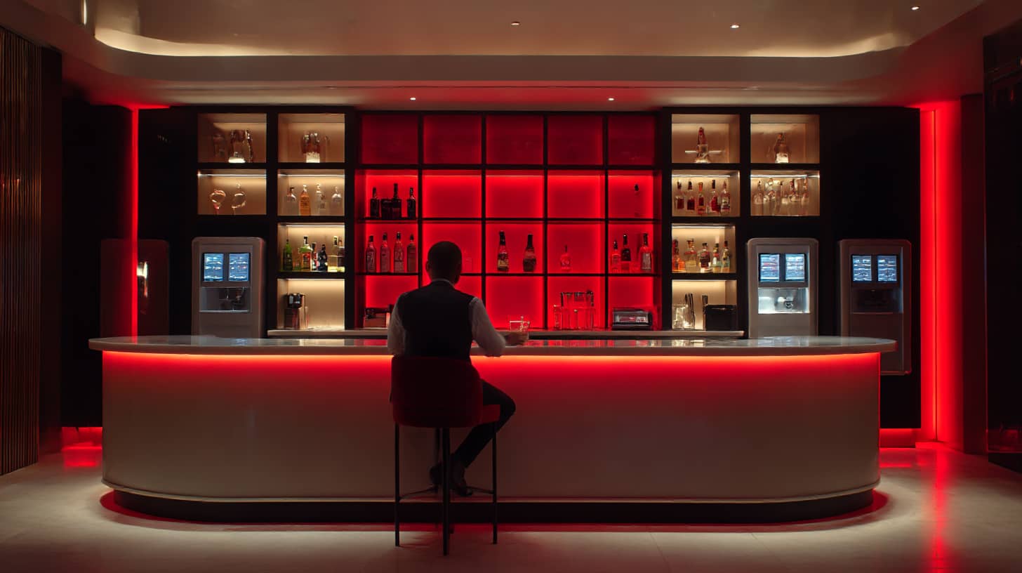 Moderne Bar mit beleuchteten Cocktailautomaten von The Cocktailmaker, ideal für Vollautomatische Cocktailmaschine und Cocktail Mixmaschine.