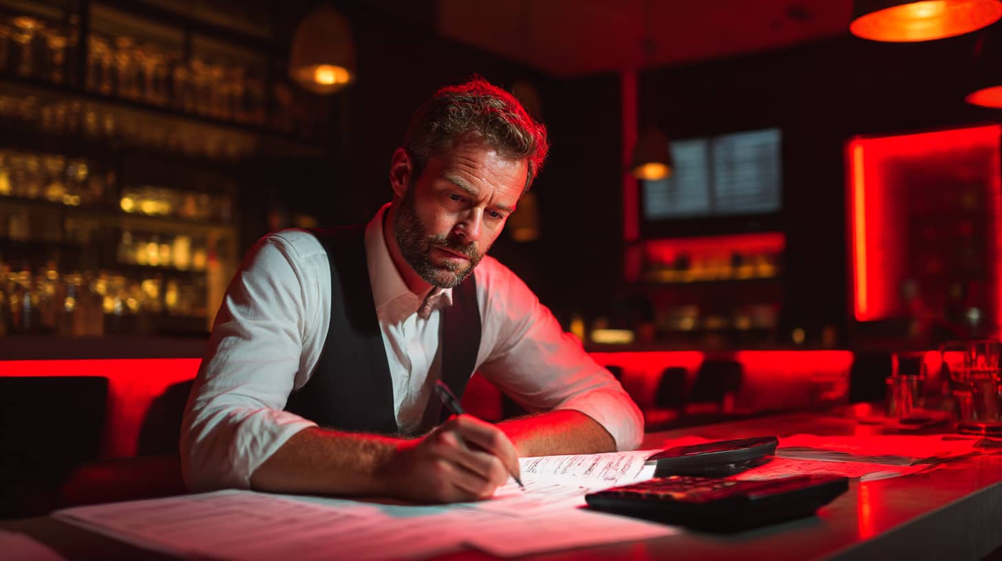 Der Barkeeper plant mit Notizen und einem Taschenrechner, während er über die vollautomatische Cocktailmaschine von The Cocktailmaker nachdenkt.