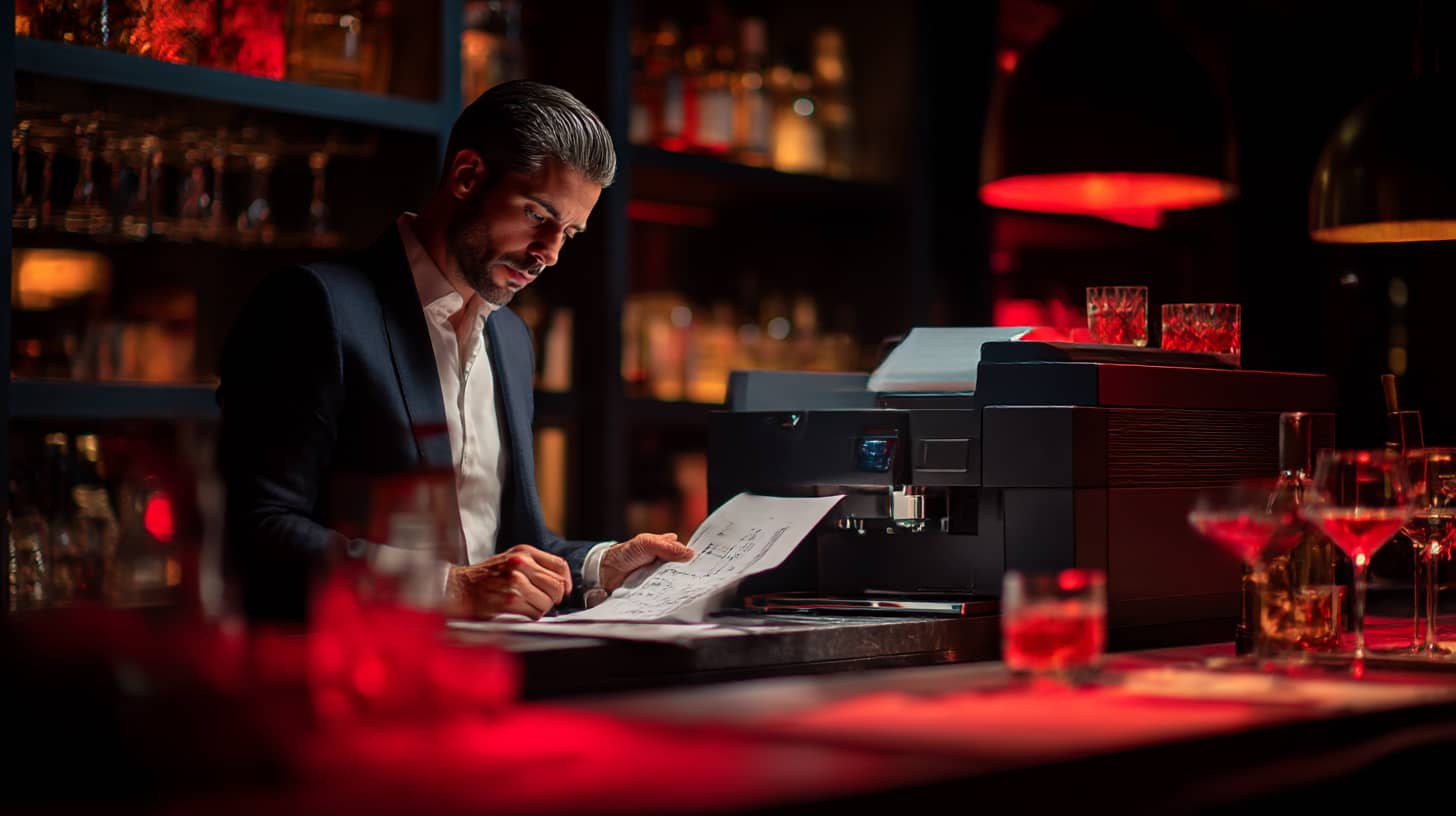 Mann, der mit einer vollautomatischen Cocktailmaschine von The Cocktailmaker arbeitet. Cocktailautomaten für Gastronomie und Events mieten oder kaufen.