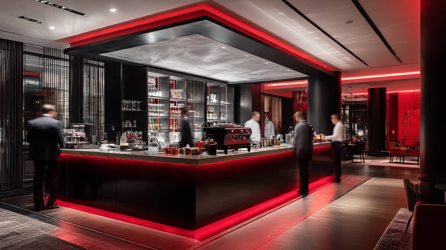 Moderne Innenansicht einer Bar mit The Cocktailmaker, der vollautomatische Cocktailmaschinen und Cocktails mixen bietet.