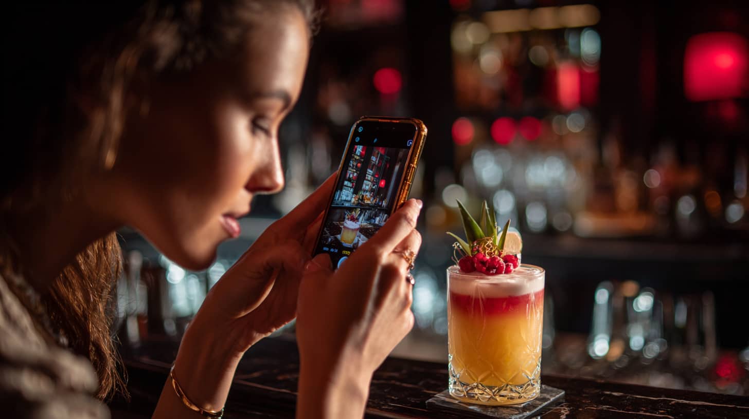Junge Frau fotografiert farbenfrohen Cocktail an der Bar, beworben von The Cocktailmaker für vollautomatische Cocktailmaschinen.