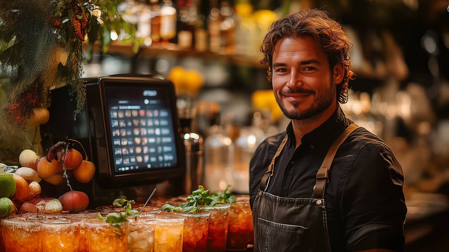 Bartender mit automatischer Cocktailmaschine von The Cocktailmaker, ideal für Gastro-Betriebe. Cocktailmaschine mieten oder kaufen.