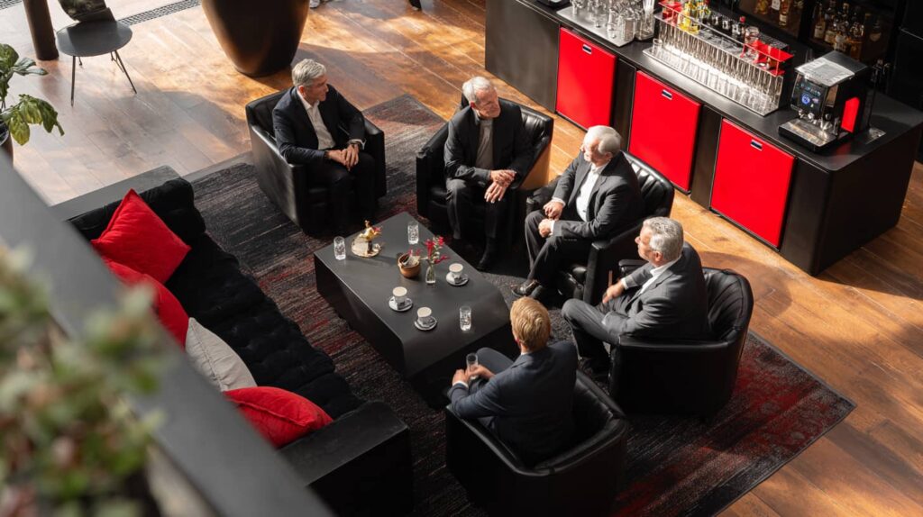 Meeting mit Herren in eleganter Umgebung, ideal für den Einsatz der Cocktailmaschine von The Cocktailmaker für vollautomatische Cocktails.