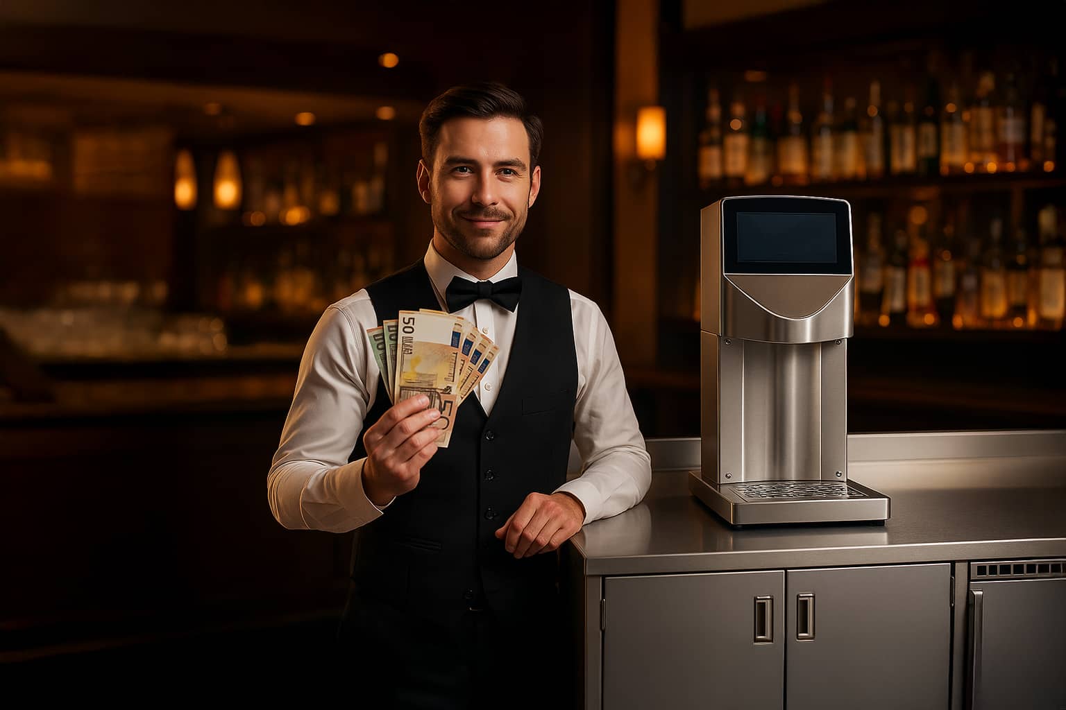 Barkeeper mit Geldschein, neben der Cocktailmaschine von The Cocktailmaker für vollautomatische Cocktails, ideal zum Mieten oder Kaufen.