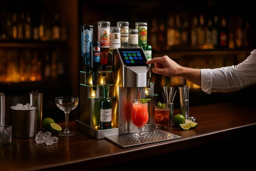 Automatische Cocktailmaschine von The Cocktailmaker im Einsatz, ideal für Gastronomie. Cocktailmaschine kaufen oder mieten für perfekte Drinks.