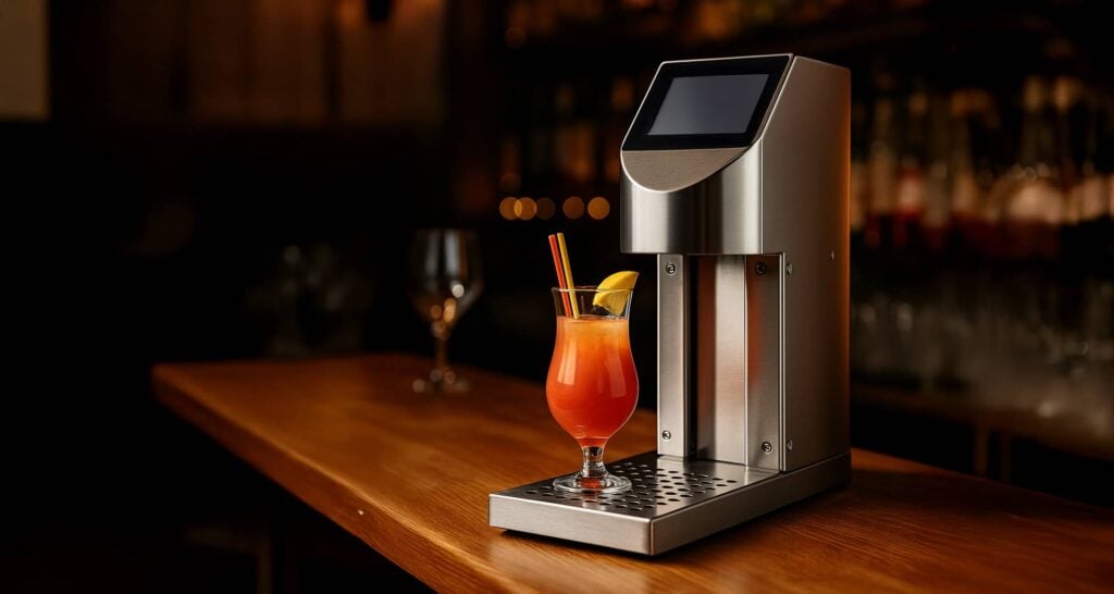 Vollautomatische Cocktailmaschine von The Cocktailmaker auf Holztheke mit Cocktailglas, ideal für Gastronomie und Events. Cocktailmaschine kaufen!