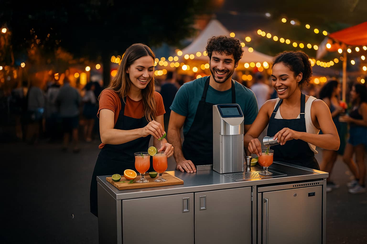Vollautomatische Cocktailmaschine von The Cocktailmaker in Aktion, ideal für Gastro und Events. Cocktails schnell und einfach mixen.