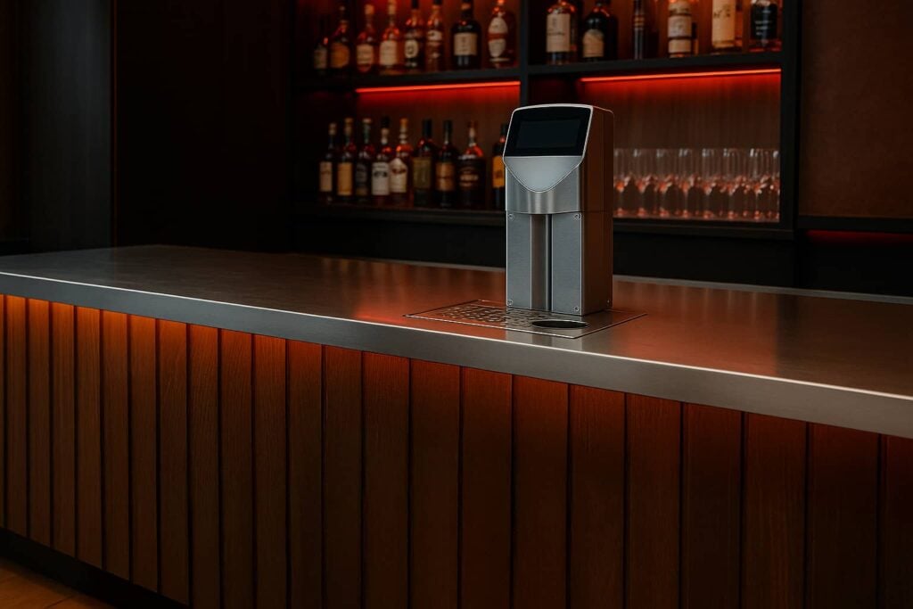 Vollautomatische Cocktailmaschine von The Cocktailmaker auf einer eleganten Bar, ideal zum Cocktailautomat mieten oder kaufen.