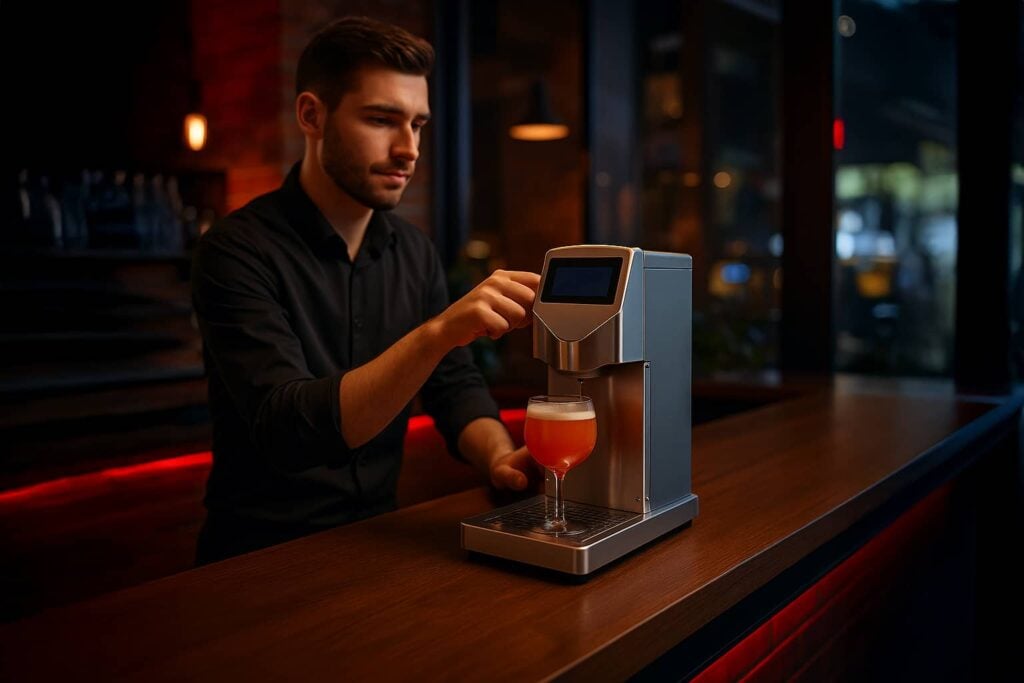 Vollautomatische Cocktailmaschine von The Cocktailmaker in Aktion, ideal zum Cocktail mixen, mieten oder kaufen für Gastronomie.