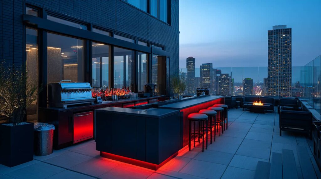 Moderne Bar auf der Terrasse mit automatischer Cocktailmaschine von The Cocktailmaker für erstklassige Cocktails. Cocktailmaschine mieten oder kaufen.