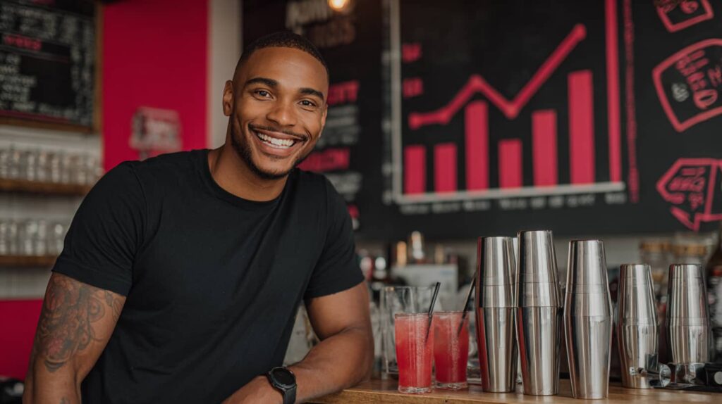 Lächelnder Barkeeper mit Cocktails und Cocktailmaschinen von The Cocktailmaker für vollautomatische Mixlösungen.