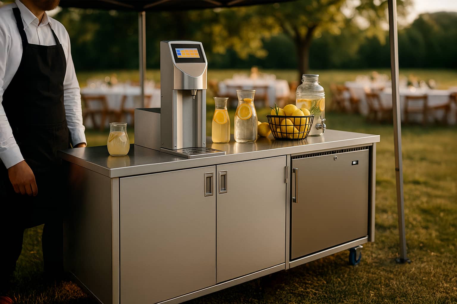 Automatische Cocktailmaschine von The Cocktailmaker im Einsatz mit frischen Zitronen – Cocktailautomaten mieten oder kaufen.