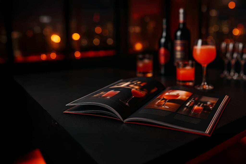 Cocktails und Rezeptbuch auf einem Tisch mit The Cocktailmaker. Entdecken Sie vollautomatische Cocktailmaschinen zum Mieten oder Kaufen.